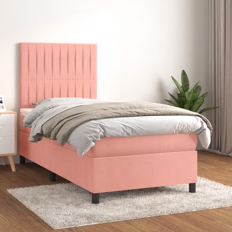 vidaXL Giroletto a Molle Ibrido con Materasso in Velluto Rosa e Bianco L/P/H: 200 x 90 x 28 cm