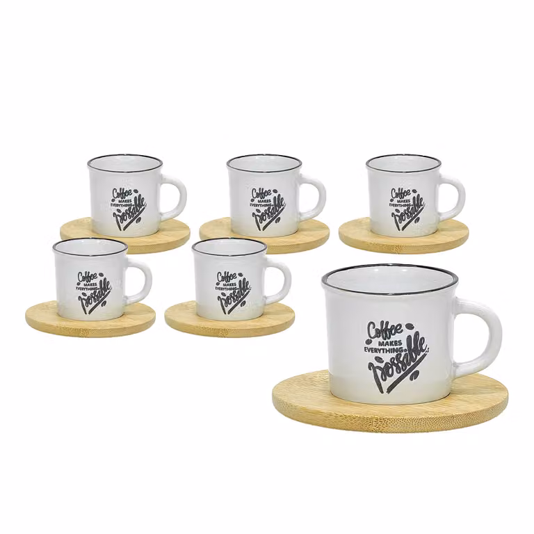 Servizio da caffè GUSTO CASA Makes Everything Possible in stoneware bianco con 6 tazzine e piattini in bamboo