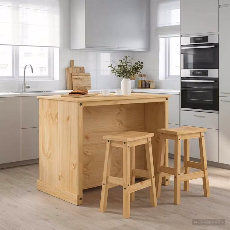 Set isola da cucina vidaXL in legno di pino, 3 pezzi, colore marrone e beige, L 112 x P 77 x H 91,5 cm