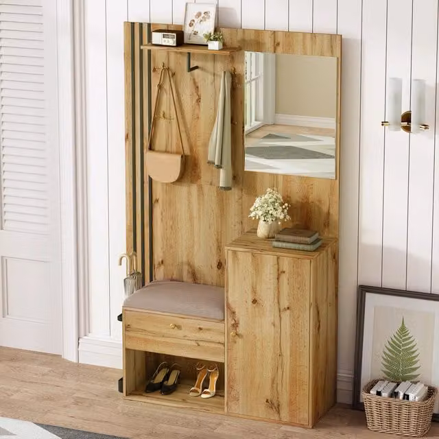 Set di mobili da ingresso MIVRAY con specchio, seduta imbottita e ripiani regolabili in MDF, colore naturale e nero, L 115 x P 37 x H 185 cm
