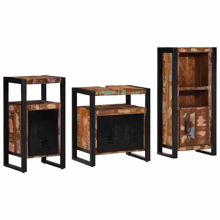 Set di mobili per il bagno vidaXL in legno e metallo multicolore e nero, composto da mobile lavabo, pensile e mobile laterale, stile minimalista