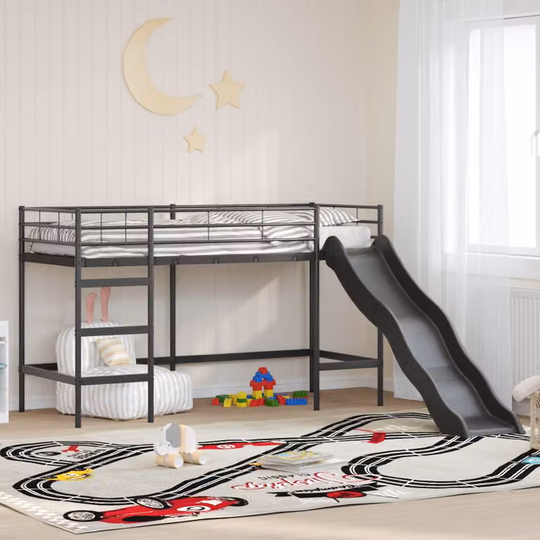 Letto loft per bambini vidaXL in metallo con scala, Nero e antracite, L: 194 cm, P: 80 cm, H: 116 cm