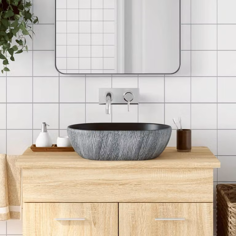 Lavabo da appoggio ovale vidaXL in ceramica nero e grigio L 47 cm, P 33 cm, H 13 cm