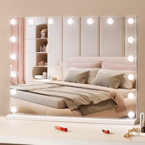 Specchio per trucco VEVOR con illuminazione LED dimmerabile, 3 modalità di colore, USB Tipo C, specchio ingranditore 5X rimovibile e controllo a tocco, colore bianco, L: 79,7 cm, H: 59,7 cm