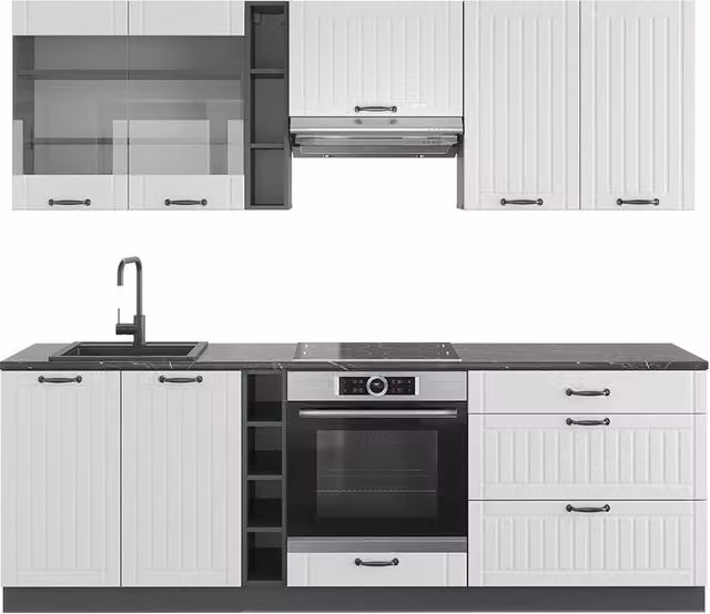 Cucina componibile Fame-Line Vicco in stile country house, Bianco rustico e Antracite, L: 235 cm, senza piano di lavoro