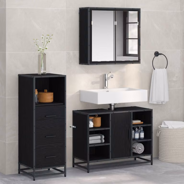Set di mobili per il bagno moderno vidaXL in 3 pezzi, colore nero e rovere, con armadietto con specchio, mobile lavabo e mobile laterale, L/P/H: 80 x 33 x 60 cm