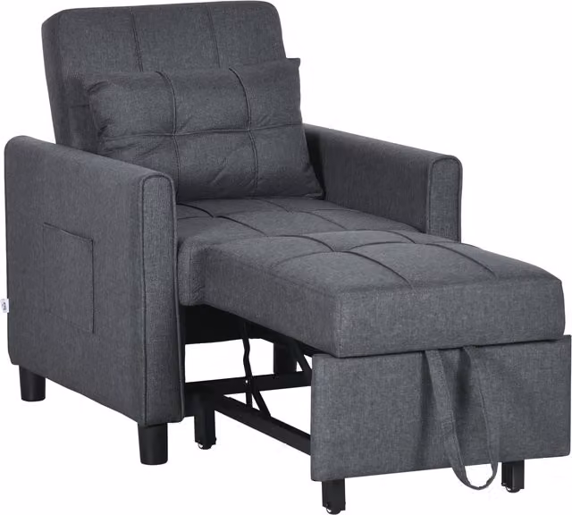 Poltrona convertibile 3 in 1 HOMCOM con schienale regolabile in 3 posizioni, cuscino incluso e 2 tasche laterali, Grigio, L: 69 cm, P: 82 cm, H: 85 cm