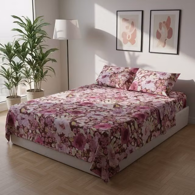 Completo letto matrimoniale KASANOVA in flanella di cotone rosa con motivo floreale, 180x200 cm