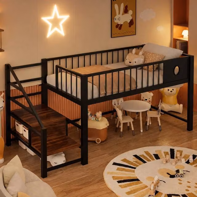 Letto a soppalco basso MIVRAY per bambini con scala contenitore e struttura in metallo nero, L/P/H: 200 x 90 x 120 cm