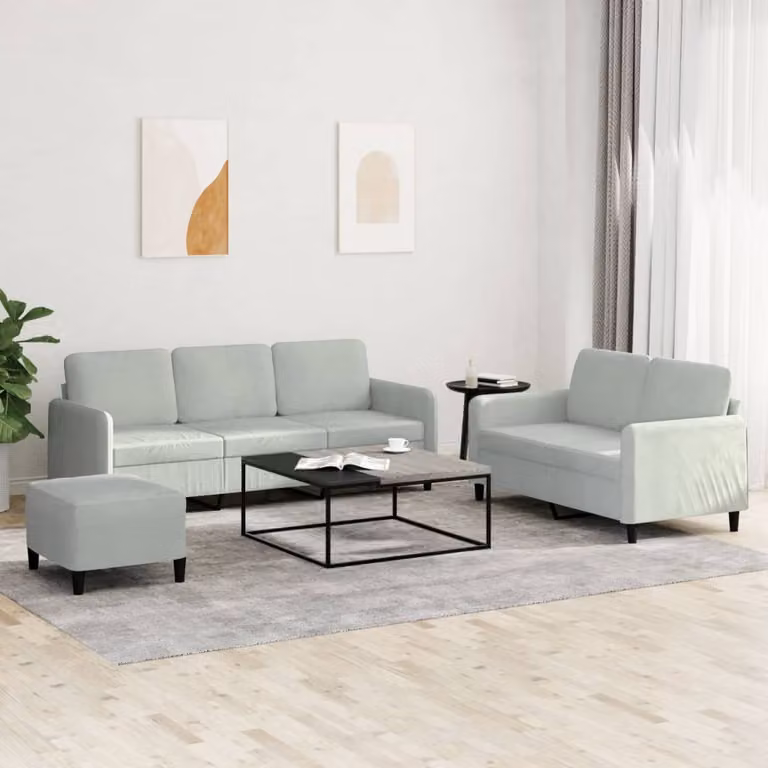 Set di divani 3 pezzi vidaXL in velluto grigio con pouf e cuscini per soggiorno
