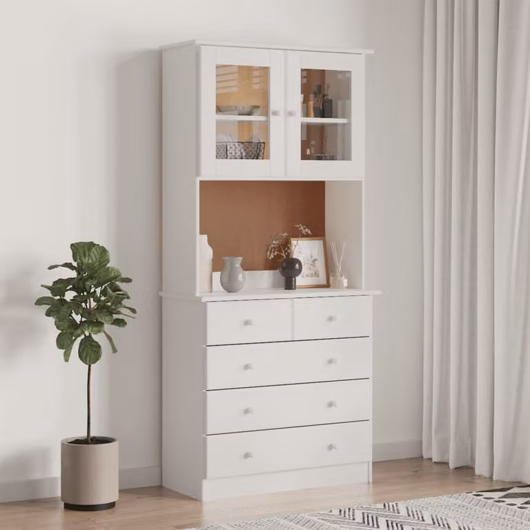 vidaXL Credenza Alta Bianca in Legno di Pino con Ante in Vetro e Cassetti L/P/H: 77 x 35 x 165 cm