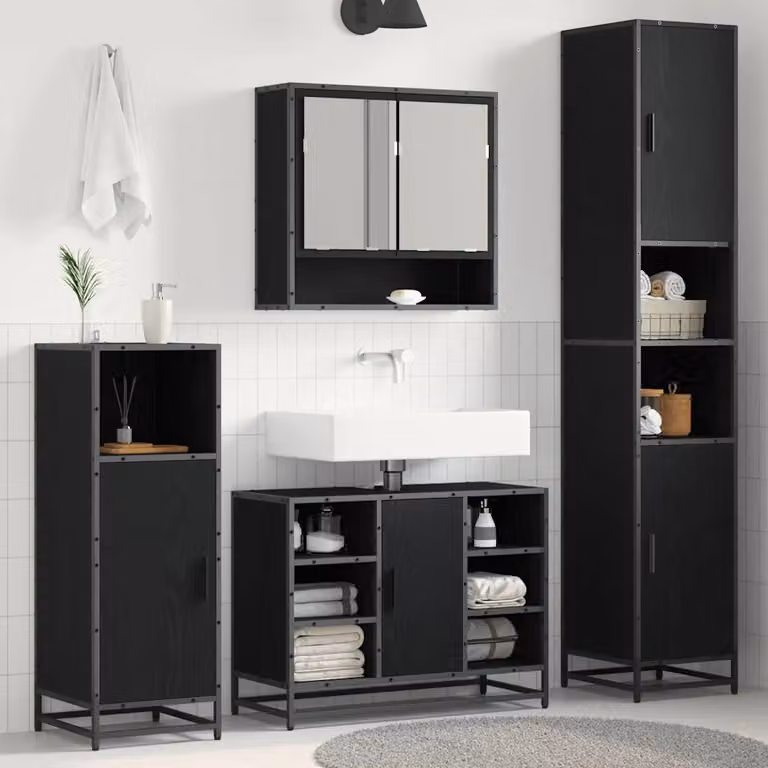 vidaXL Mobile per il bagno moderna in legno e metallo, colore nero, L: 35 cm, P: 37,5 cm, H: 188,5 cm