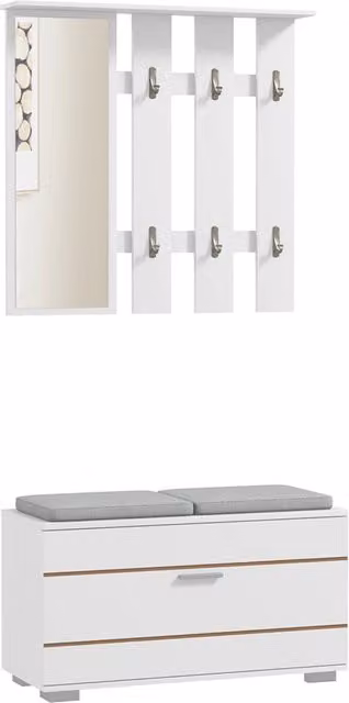 Set Ingresso Minimal Bianco in Legno con Appendiabiti, Specchio, Panca e Scarpiera per 8 Paia di Scarpe