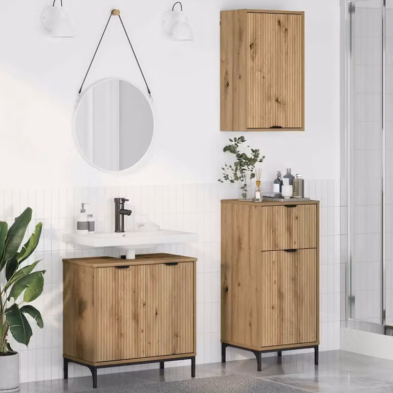 Set di mobili per il bagno moderno vidaXL in 3 pezzi color rovere con ante a cerniera e ripiani interni, L/P/H: 88.0 x 39.5 x 39.3 cm, 76.7 x 36.0 x 39.3 cm e 39.3 x 36.0 x 39.3 cm