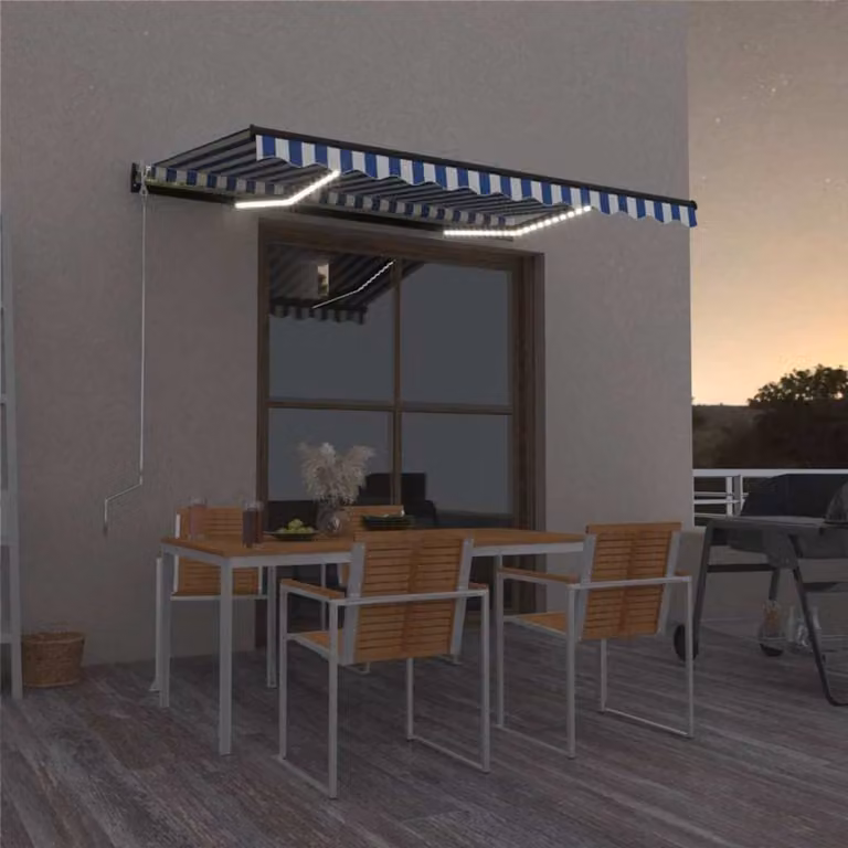 vidaXL Tenda da Sole Retrattile Manuale con LED in Poliestere e Alluminio, L: 400 cm, P: 300 cm, Colore Blu e Bianco