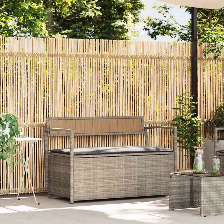 vidaXL Panca Portaoggetti da Giardino in Polyrattan Grigia con Cuscino L: 110 cm, P: 54 cm, H: 74 cm
