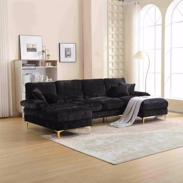 Divano componibile moderno a forma di U Gomyway in tessuto nero con sedili reclinabili manuali e struttura in legno e metallo L: 272 cm, P: 136 cm, H: 88 cm