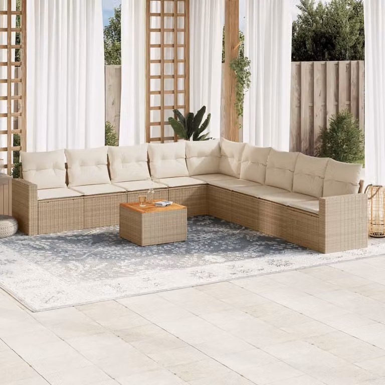 vidaXL Set Divano da Giardino a L da 10 Pezzi con Cuscini Beige e Tavolino da Caffè in Polyrattan e Acciaio