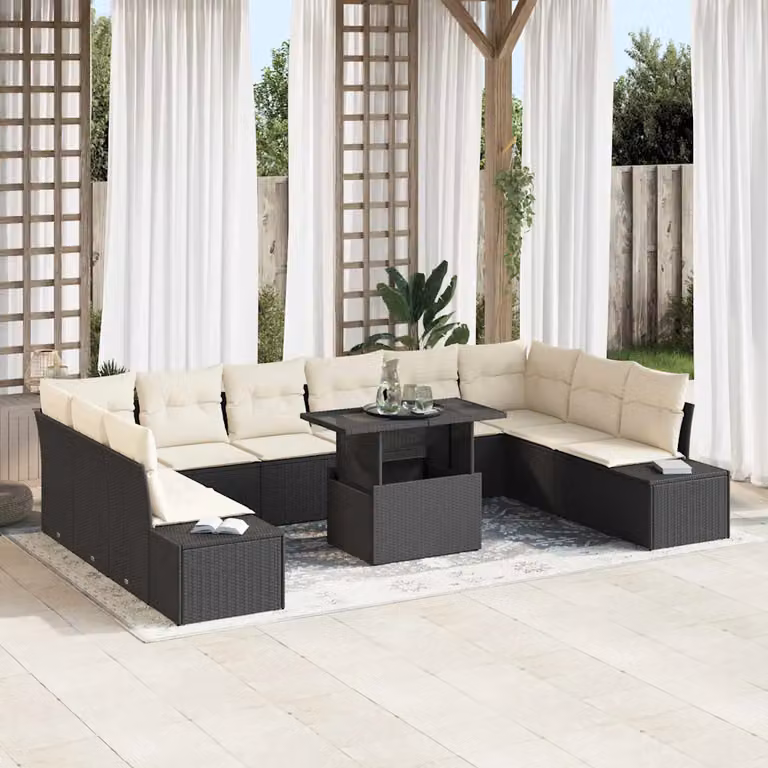 Set Divano da Giardino vidaXL 11 Pezzi in Polyrattan con Cuscini Nero e Beige