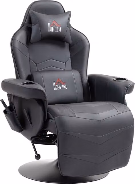 Poltrona da Gaming HOMCOM in Ecopelle Nera con Funzione Massaggiante, Schienale Inclinabile e Poggiapiedi, Supporto fino a 120 kg