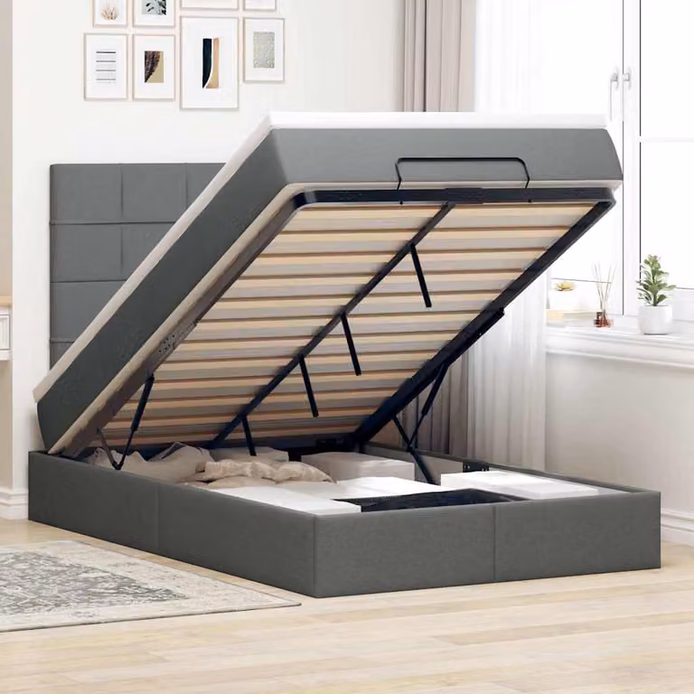 Letto con contenitore a sollevamento e materasso vidaXL in tessuto grigio e bianco, L/P/H: 200 x 120 x 28 cm