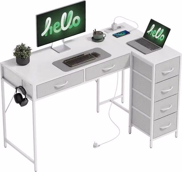 Scrivania Angolare Reversibile XYLO con 6 Cassetti Bianco con Porta USB-C L: 126 cm, P: 48 cm
