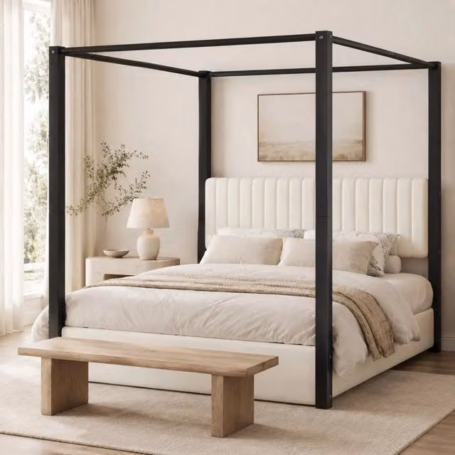 Letto a baldacchino MODFU in velluto beige, nero e bianco con struttura in metallo e MDF, L/P: 180 x 200 cm