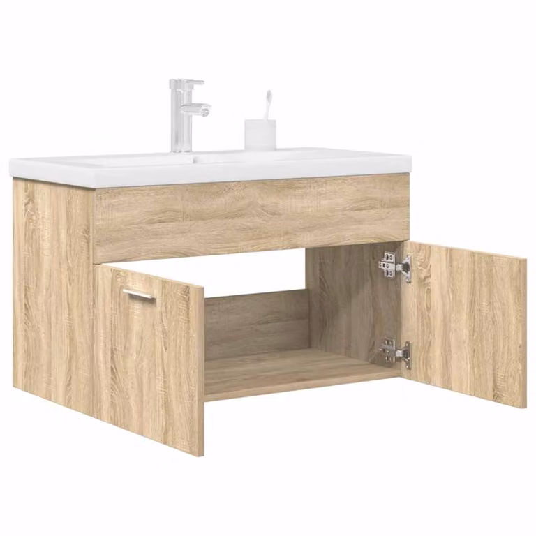 Mobile da bagno sospeso vidaXL con lavabo integrato e rubinetto, Rovere Sonoma e Bianco, L: 46,0 cm, P: 38,5 cm, H: 80,0 cm
