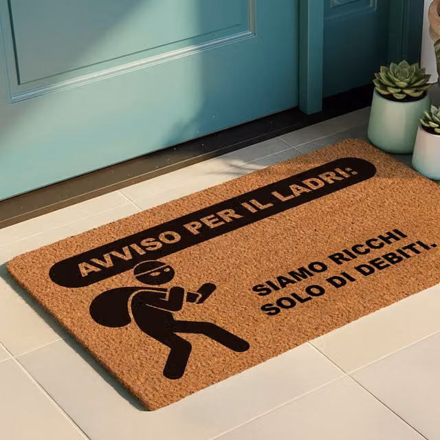Zerbino rettangolare marrone con fondo antiscivolo e scritta Avviso per i ladri L: 70 cm, P: 40 cm
