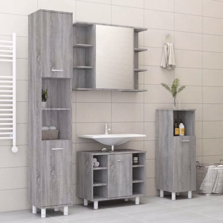 Set di mobili da bagno moderno vidaXL in legno multistrato grigio composto da 4 pezzi con base lavabo, mobiletto laterale, colonna alta e armadietto con specchio