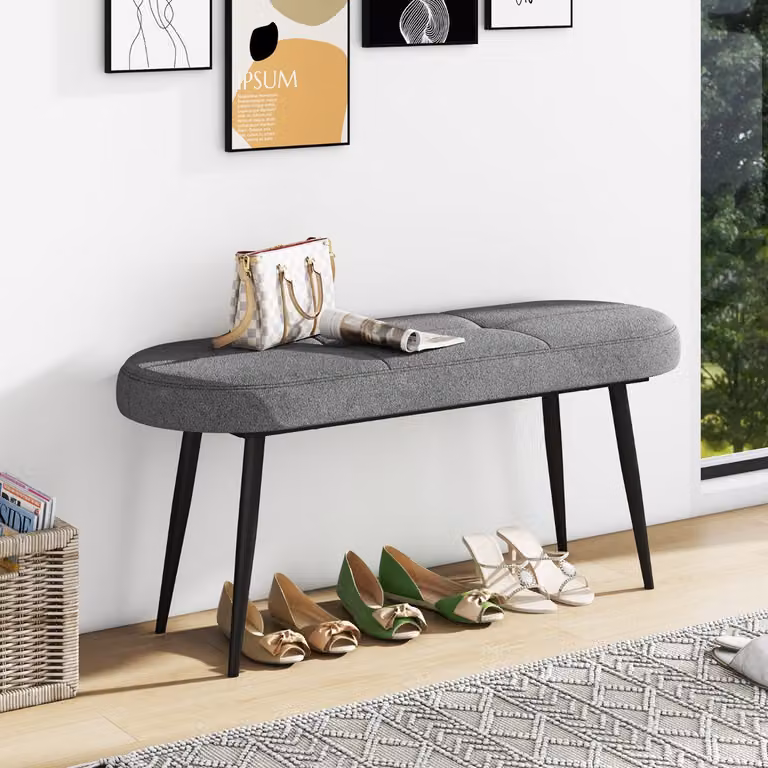 Panca scarpiera Costway con cuscino imbottito in tessuto e gambe in metallo, Grigio, L: 113 cm