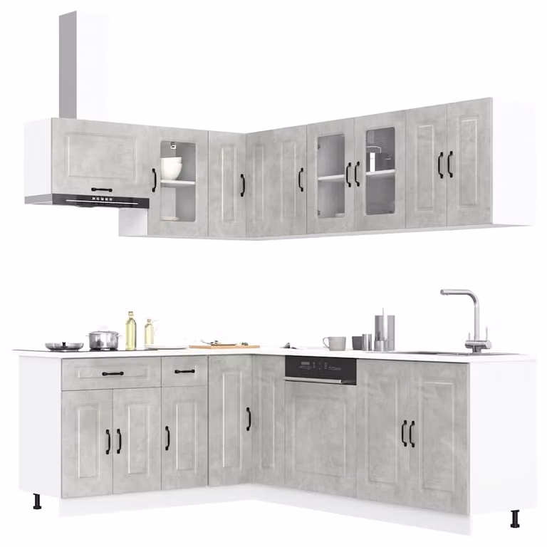 Set di mobili da cucina moderno Kalmar vidaXL composto da 11 pezzi in grigio cemento con ante a cerniera e ripiani aperti