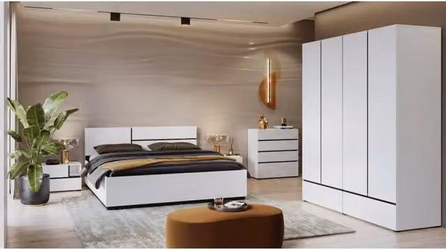 Camera da letto completa Meublorama HAVANA in bianco e nero con letto 180x200 cm, armadio a 4 ante, comodini e cassettiera