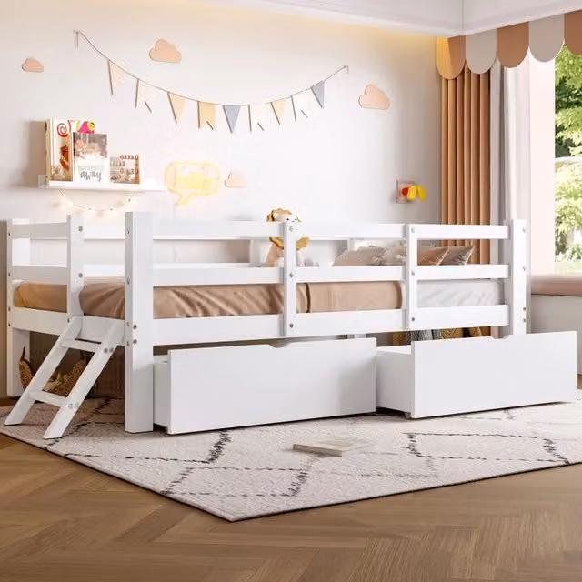 Letto per bambini in legno massiccio con sponde abbattibili e 2 cassetti, bianco, L/P: 200 x 90 cm