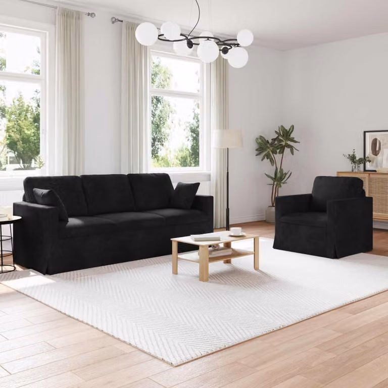 Set di 2 divani vidaXL in velluto nero con struttura in metallo per soggiorno e camera da letto