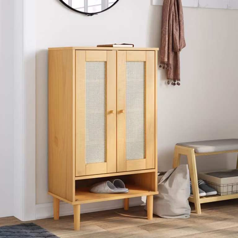 Scarpiera vidaXL SENJA in legno di pino con aspetto rattan marrone e beige, stile boho, L: 59,5 cm, P: 35 cm, H: 107 cm