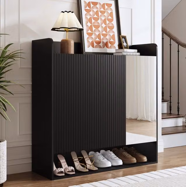 Scarpiera moderna MODFU con specchio a figura intera in MDF nero L: 110 cm, P: 35,5 cm, H: 110 cm