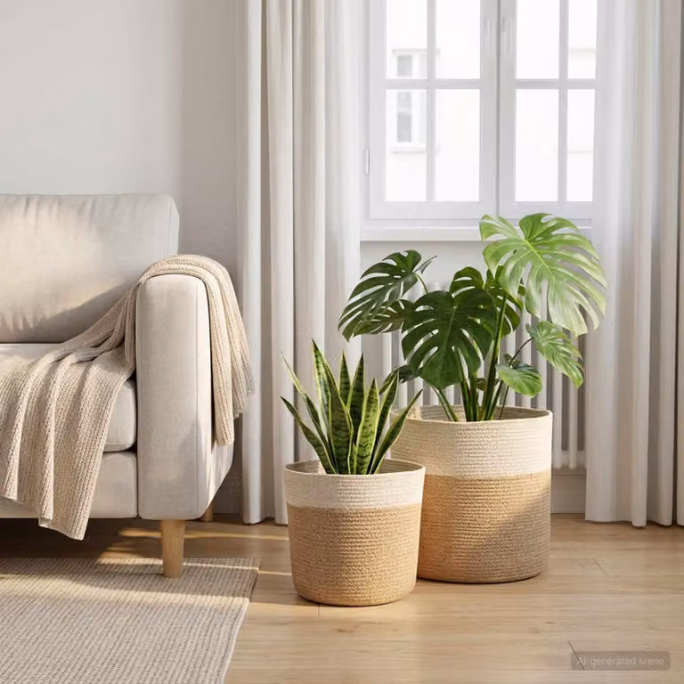 Set di 2 vasi per piante vidaXL in juta, stile rustico, colori beige e bianco, Ø 28 cm
