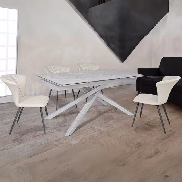 Tavolo allungabile Nefti moderno con top in ceramica grigio lucido e gambe in metallo argento