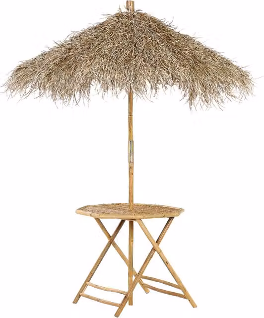 Set da giardino Beliani con tavolo bistrot pieghevole in legno di bambù e ombrellone beige per terrazza e balcone