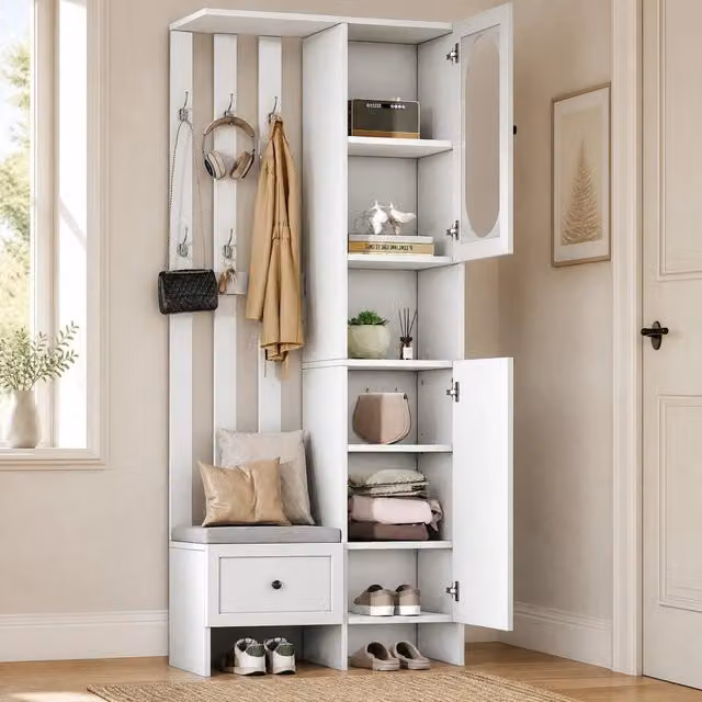 Set di mobili da ingresso Mivray bianco con 2 armadi a porte in vetro, panca e 6 ganci, L/P/H: 85 x 33.5 x 200 cm
