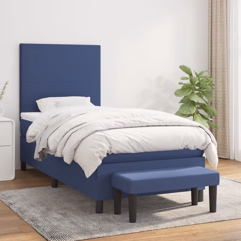 vidaXL Giroletto a Molle Ibrido con Materasso in Tessuto Blu e Bianco, L/P/H: 90 x 190 x 128 cm