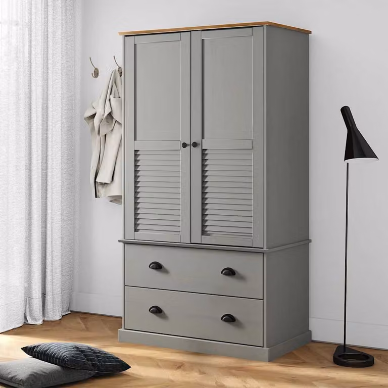 Armadio VIGO vidaXL in legno massello di pino con cassetti integrati e ante a battente, Grigio, L: 90 cm, P: 55 cm, H: 170 cm
