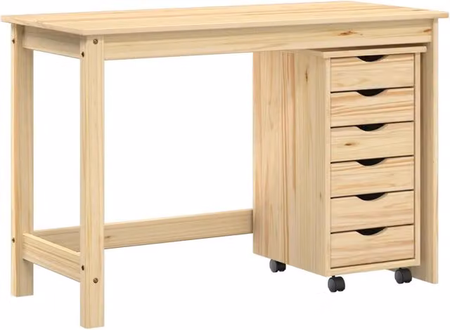 Set Scrivania MOSS composta da Tavolo da Ufficio e Mobiletto su Ruote in Legno di Pino, Colore Marrone e Beige