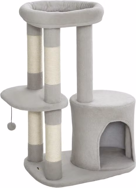 Torre giochi per gatti PawHut con tiragraffi, piattaforma, cuccia e pallina in tessuto peluche, H 90 x L 60 x P 45 cm, grigio chiaro