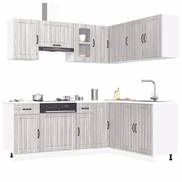 Set di mobili da cucina Kalmar vidaXL composto da 11 pezzi in colore grigio Sonoma con finitura opaca e dettagli in vetro e legno