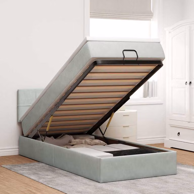 vidaXL Struttura Letto con Materasso e Base Contenitore Lift-Up in Velluto, L: 90 cm, P: 200 cm, H: 88 cm, con Luci Sotto il Letto e Porte USB, Grigio e Bianco