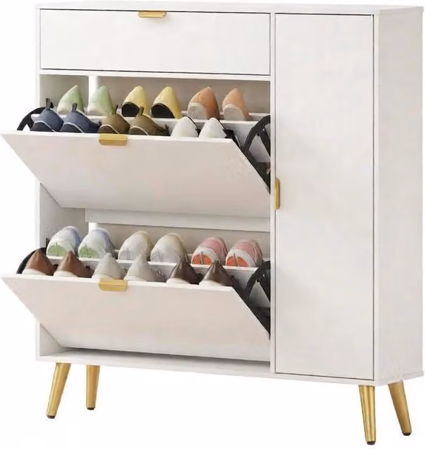 Scarpiera per ingresso con 2 ribalte e mobile laterale a 3 ripiani, design minimalista bianco e oro, L: 99.4 cm, P: 23.8 cm, H: 106.6 cm