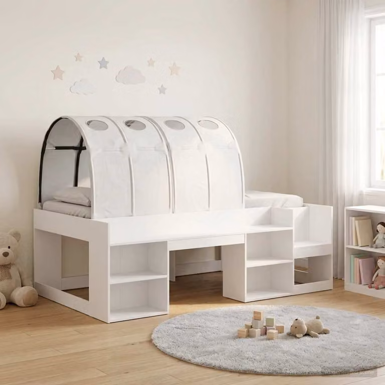 vidaXL Letto per bambini con tunnel e scomparti laterali in legno ingegnerizzato, Bianco, L: 120 cm, P: 203 cm, H: 108,5 cm