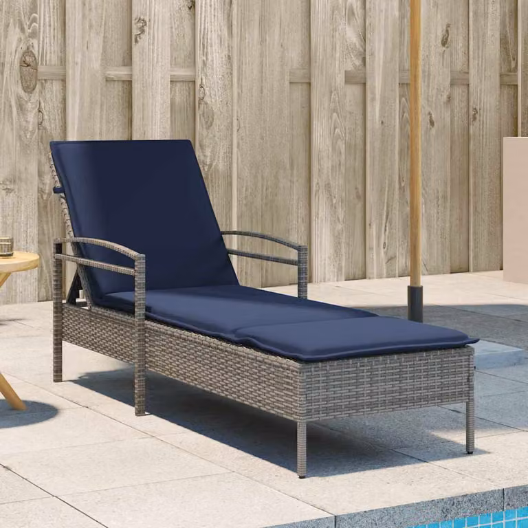 vidaXL Lettino Prendisole in Polyrattan con Cuscino Grigio e Blu, Poggiatesta Regolabile, L 200 x P 63 x H 81 cm